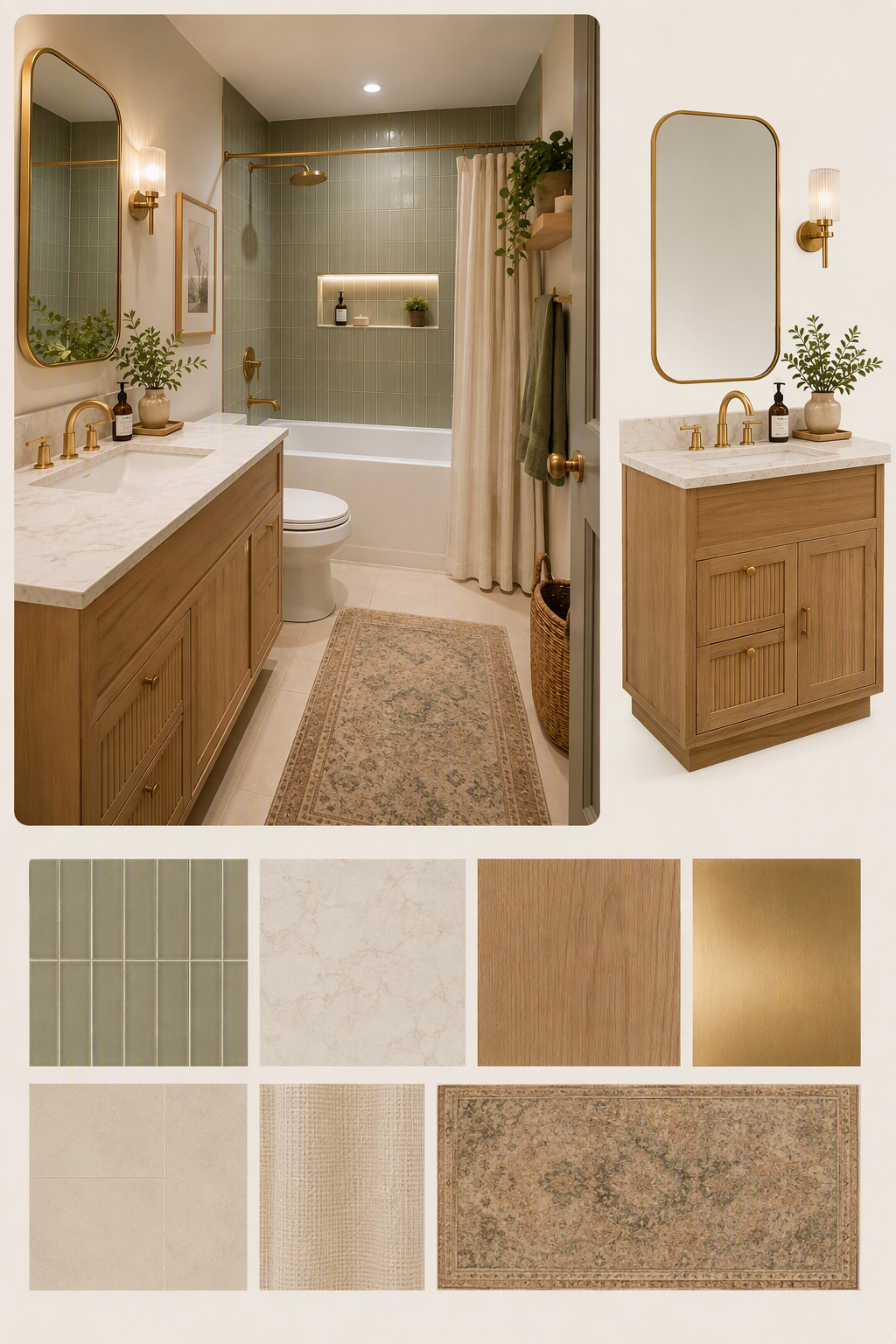 A high-quality, modern bathroom interior with warm, natural lighting — tub shower combo ideas reference 2
