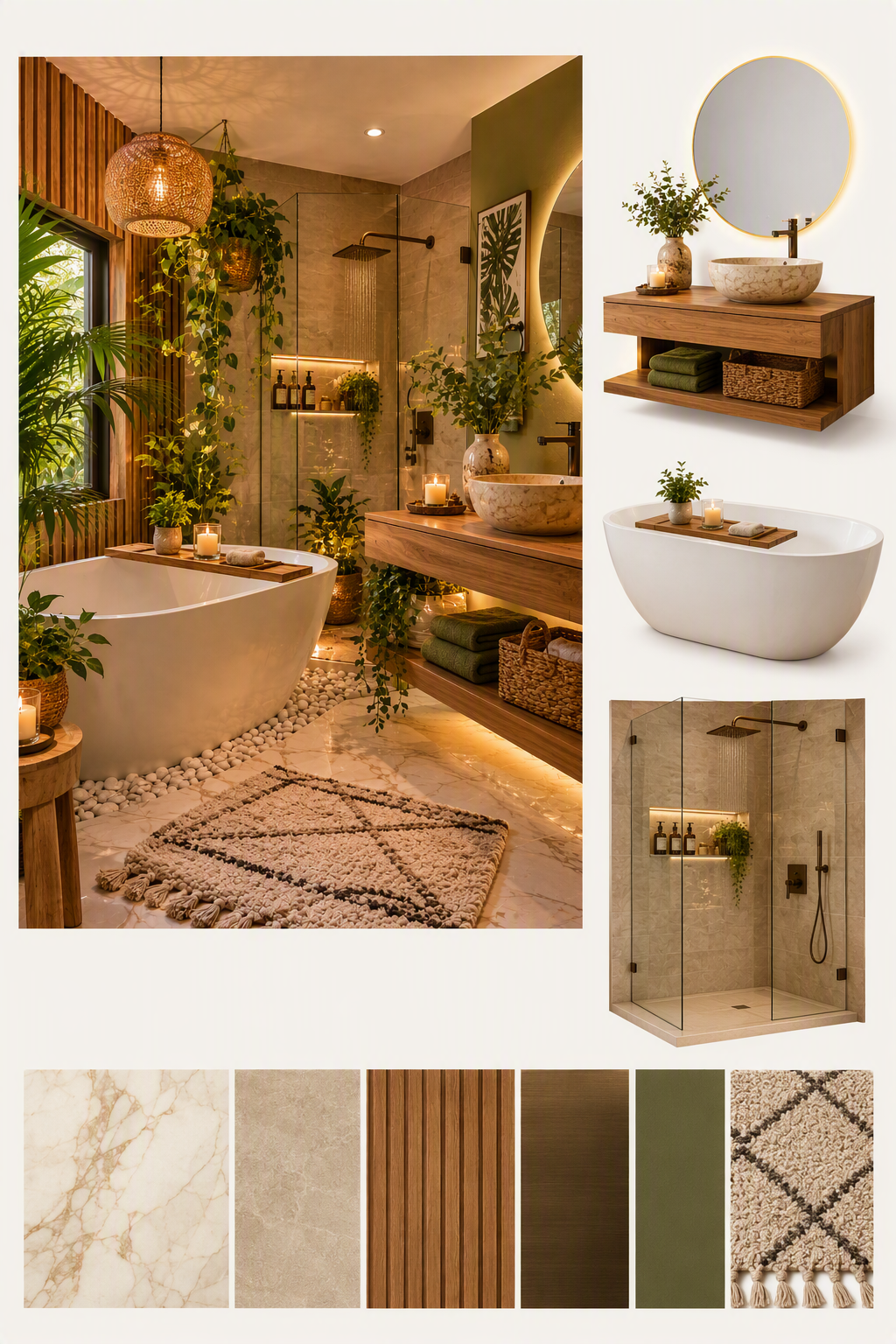 A modern, luxurious bathroom with a warm, serene ambiance, featuring a freestanding white bathtub surrounded by white pebbles and a woven rug with — spa bathroom ideas reference 1