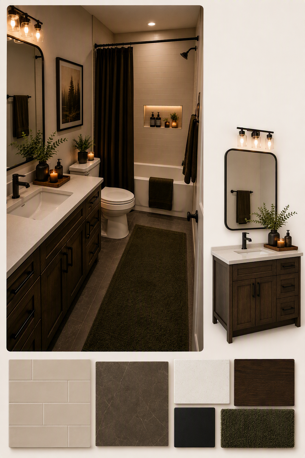 a high-quality, modern bathroom interior with warm ambient lighting, featuring a dark wood vanity with white countertop, a rectangular mirror with black — tub shower combo ideas reference 1