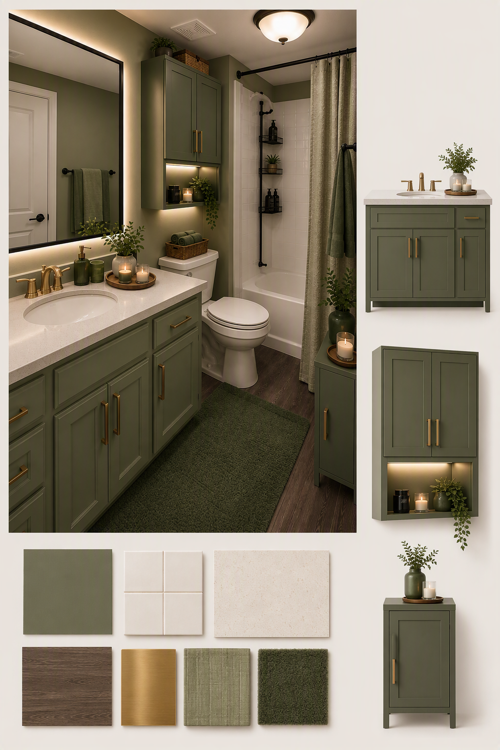 A high-quality, modern bathroom interior with a sophisticated green and gold color palette, featuring olive green cabinetry with brass handles, a white — bathroom color ideas reference 4