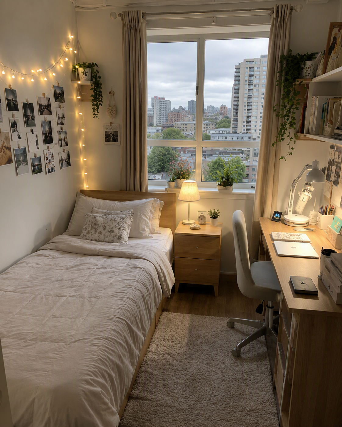 A cozy, well-lit student bedroom with a wooden bed, a desk with a laptop and desk lamp, and a large window overlooking a cityscape with tall buildings — dorm room ideas reference 3