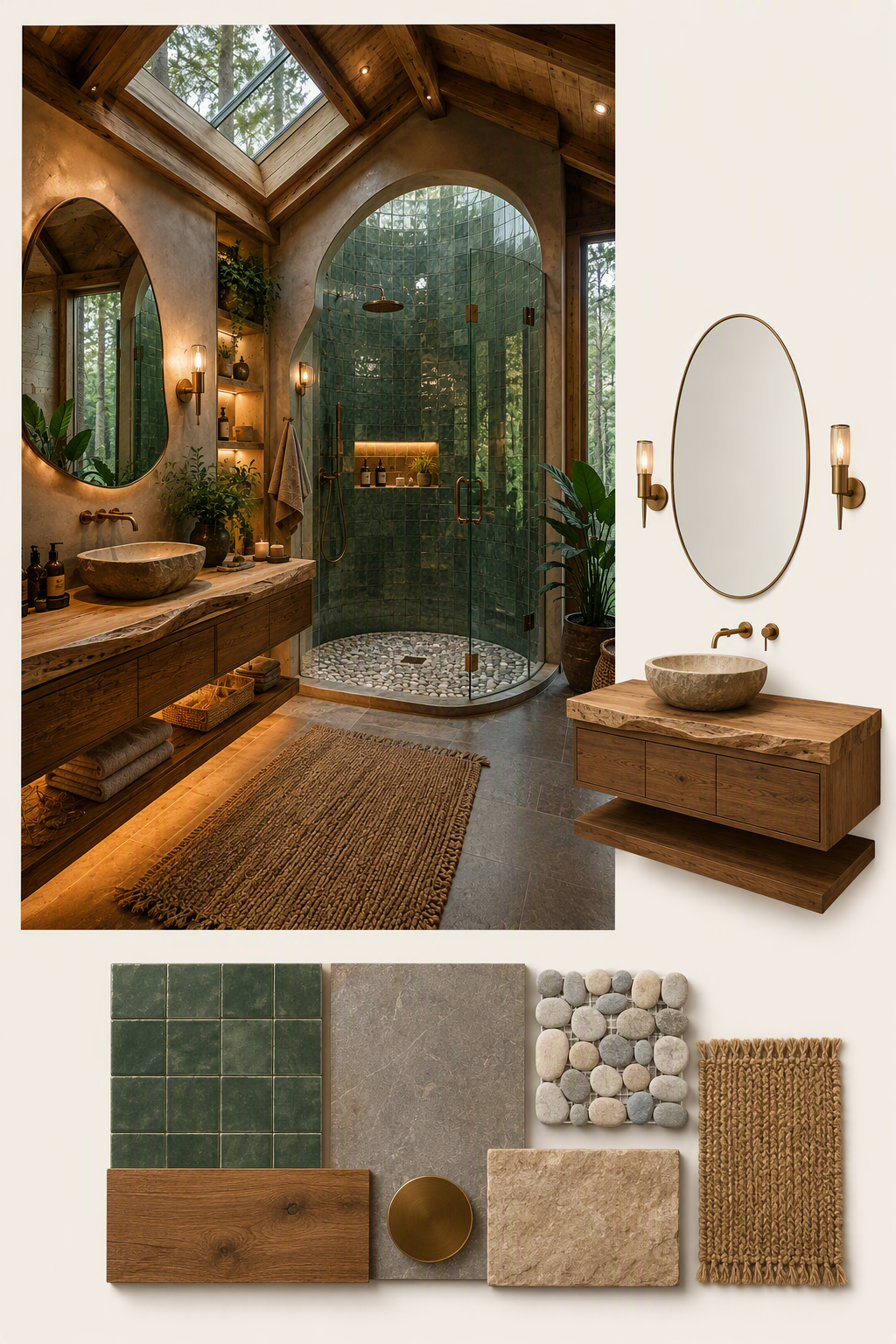 A high-quality, ultra-detailed image of a luxurious, nature-inspired bathroom with a rustic yet modern aesthetic — rustic bathroom ideas reference 4