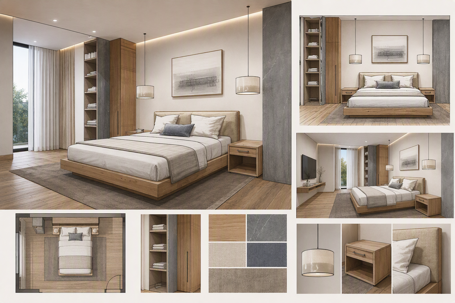 A modern minimalist bedroom with a wooden platform bed, light beige and gray color palette, warm ambient lighting from pendant lamps and recessed ceiling — toddler bedroom ideas reference 4