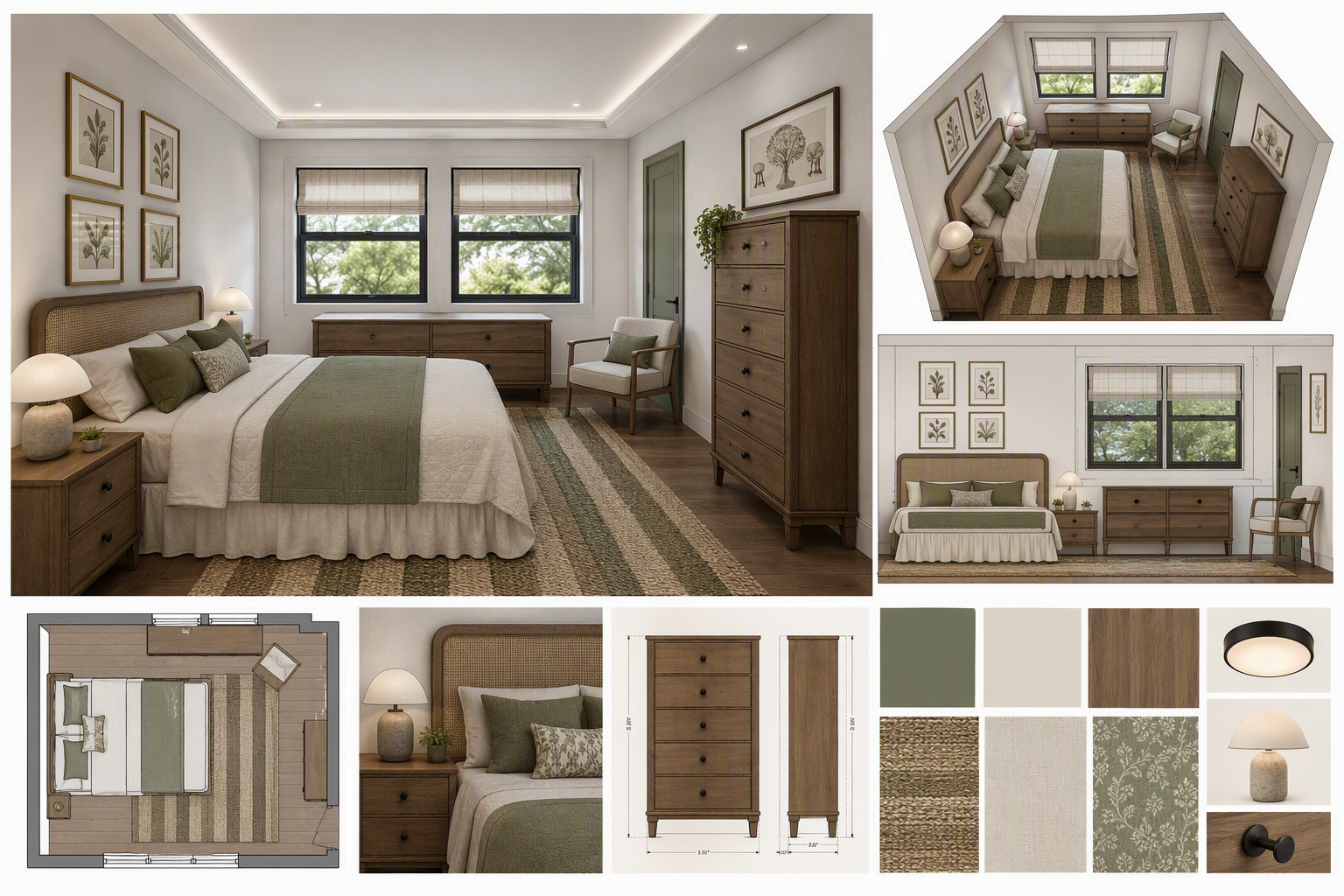 A high-quality, modern farmhouse bedroom featuring a large bed with a woven headboard, dressed in crisp white linens and a green throw blanket — farmhouse bedroom ideas reference 1