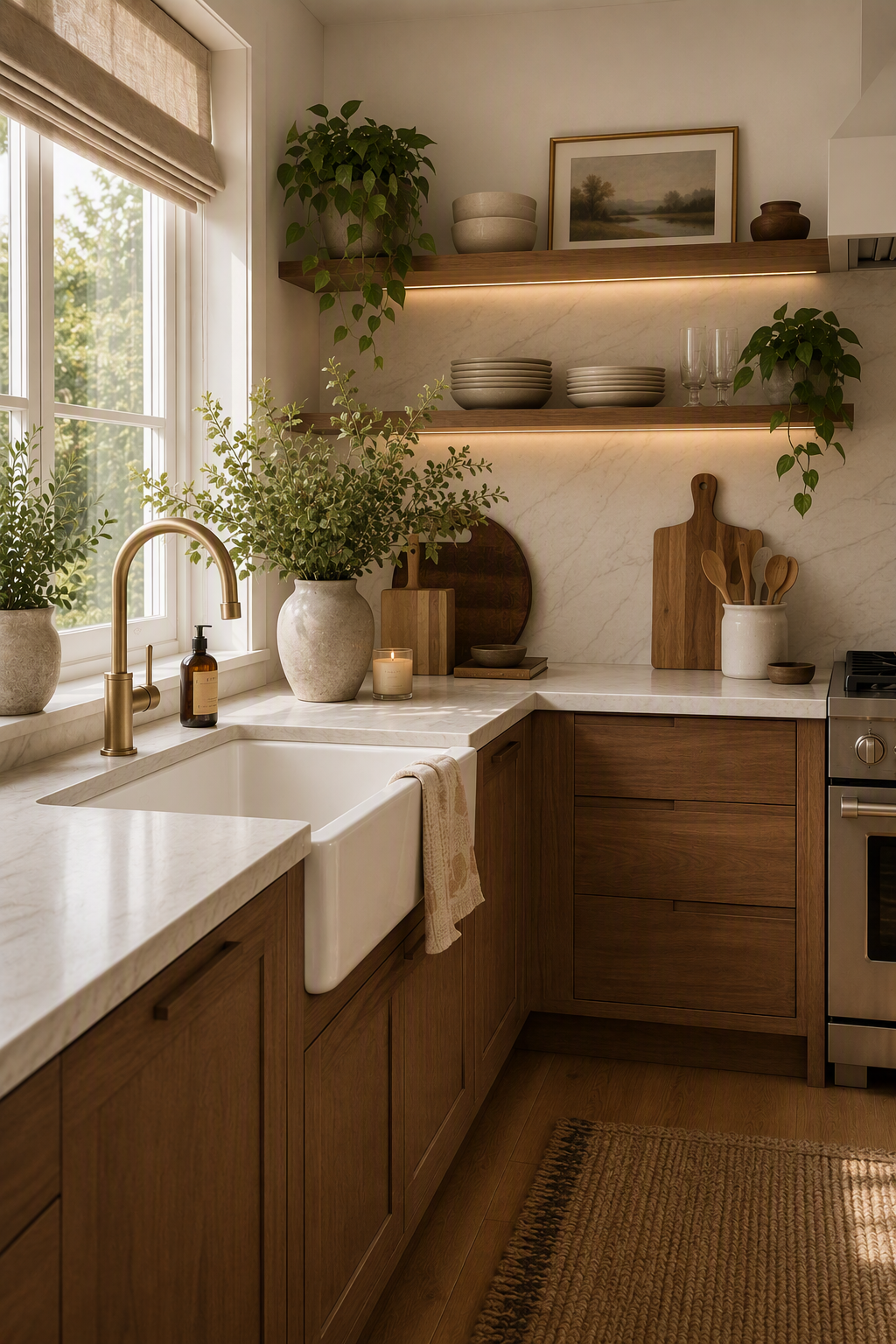 A modern kitchen with warm natural light streaming through a large window, featuring wooden cabinetry, a white marble countertop, and a farmhouse sink — breakfast nook ideas reference 4
