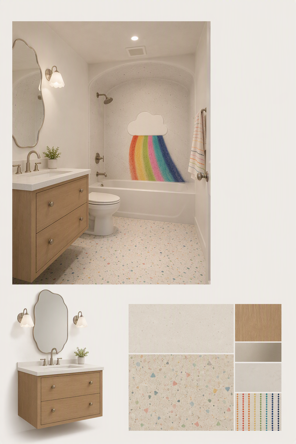 A high-quality, bright, and modern bathroom interior with a whimsical rainbow design on the shower wall featuring a cloud with a colorful rainbow emerging — kids bathroom ideas reference 2