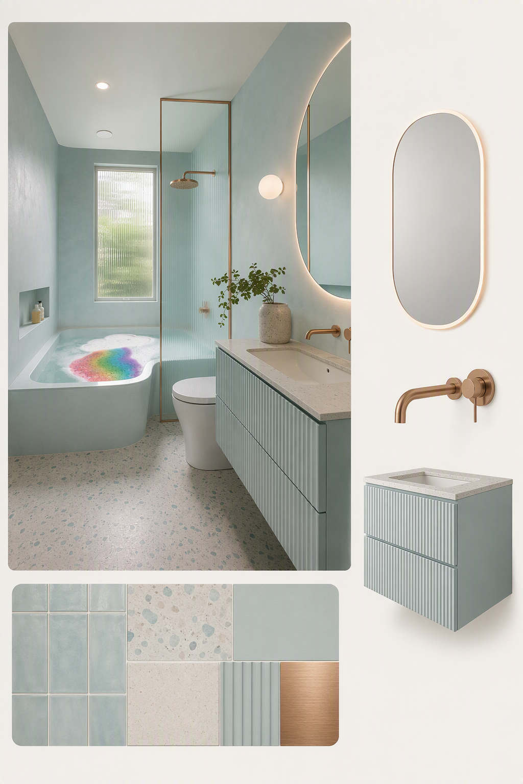 A modern, high-quality bathroom interior featuring a light blue bathtub filled with colorful bath foam, a sleek white toilet, and a stylish vanity with a — kids bathroom ideas reference 4