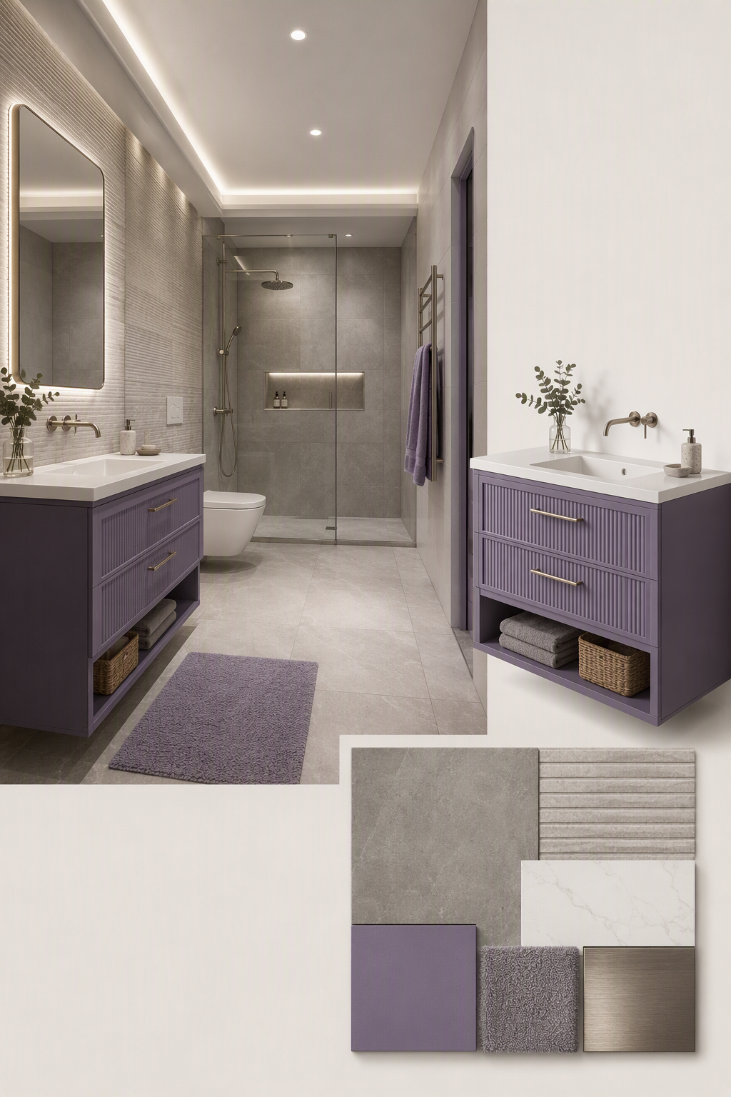 A modern, minimalist bathroom with a sleek, high-end design featuring two purple vanity units with white ceramic sinks, a walk-in glass shower with — basement bathroom ideas reference 3