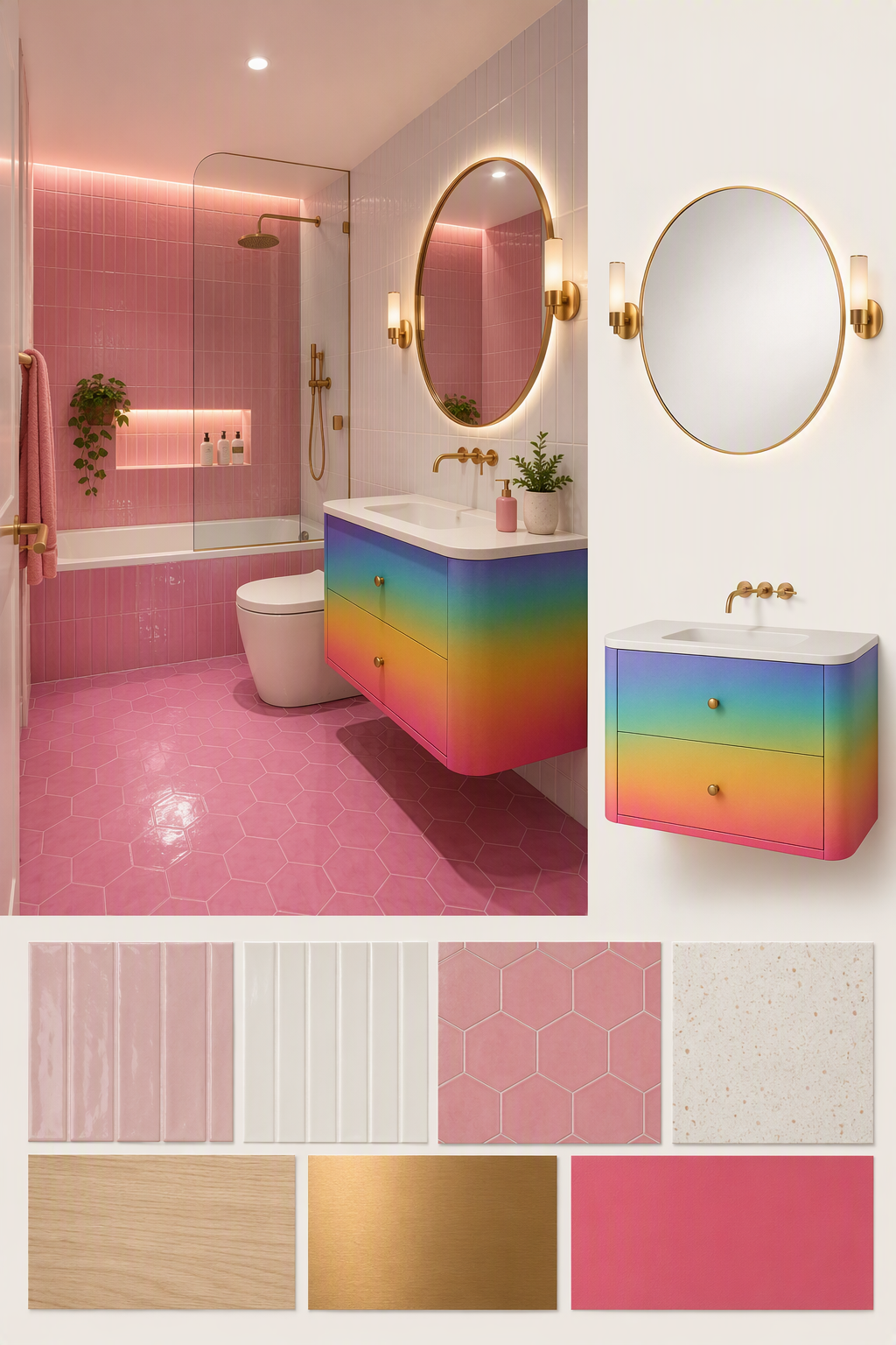 A high-quality, vibrant, modern bathroom interior with a bold pink theme, featuring hexagonal pink tiles on the floor and walls, a glass-enclosed shower — kids bathroom ideas reference 1