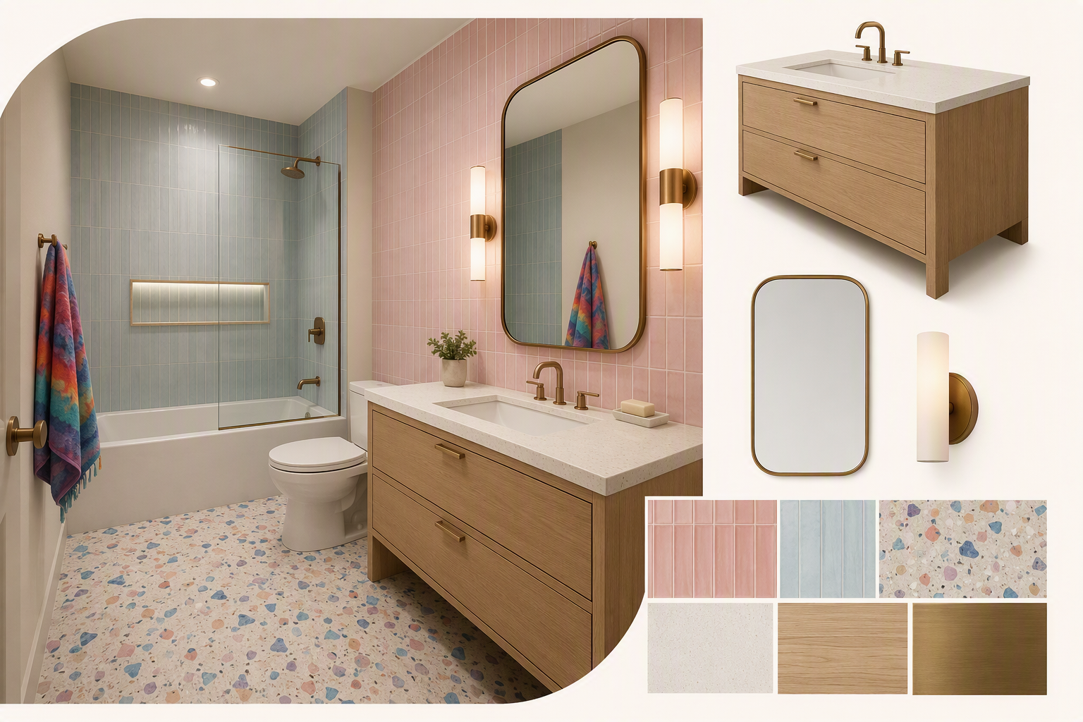 A high-quality, modern bathroom interior with a soft pink tiled wall, a white bathtub with a glass shower enclosure featuring blue tiles, a wooden vanity — kids bathroom ideas reference 3