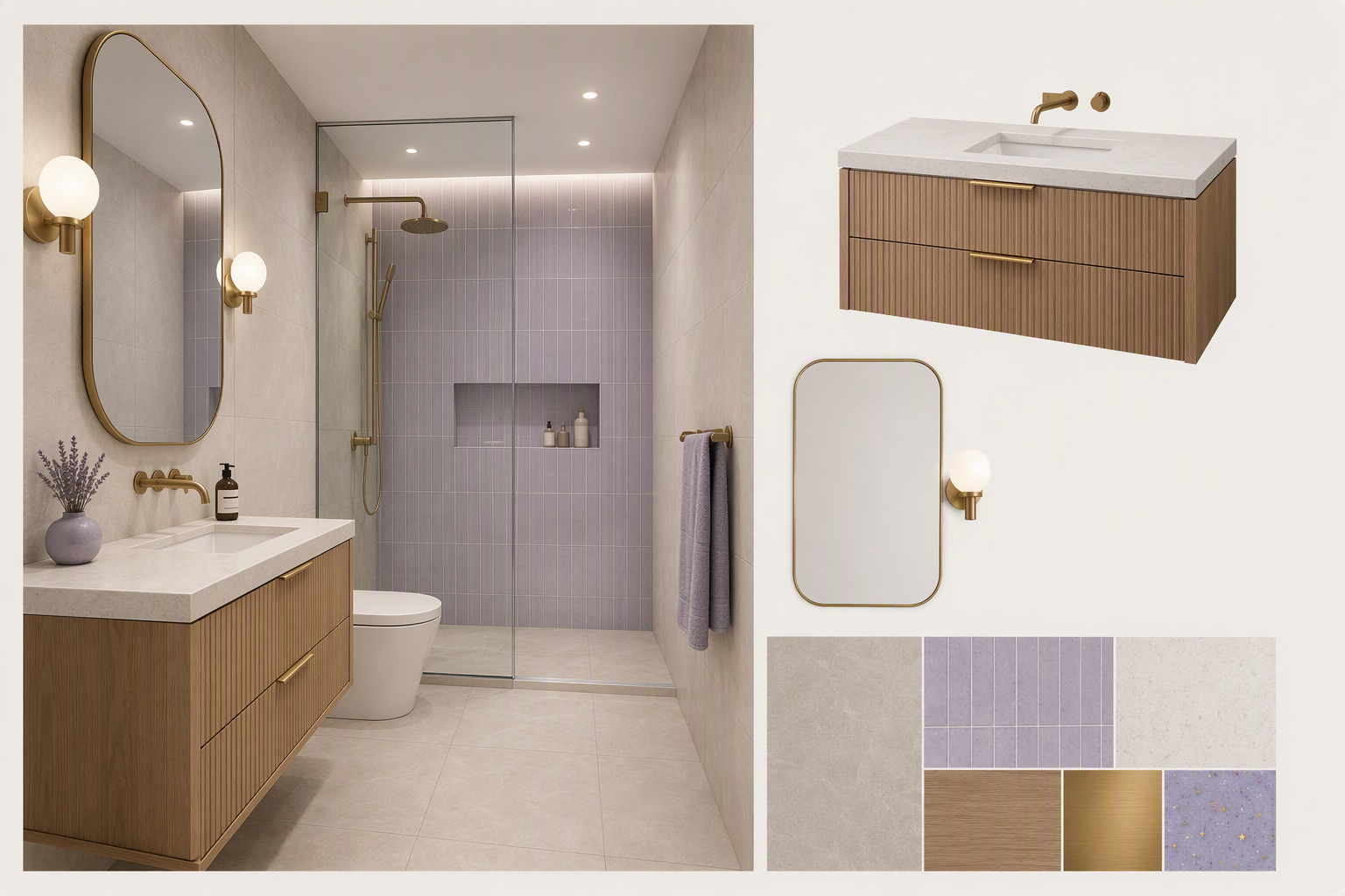 A modern, minimalist bathroom with a sleek design featuring a wooden vanity with vertical grooves, a white marble countertop, and a rectangular sink — shower niche ideas reference 2