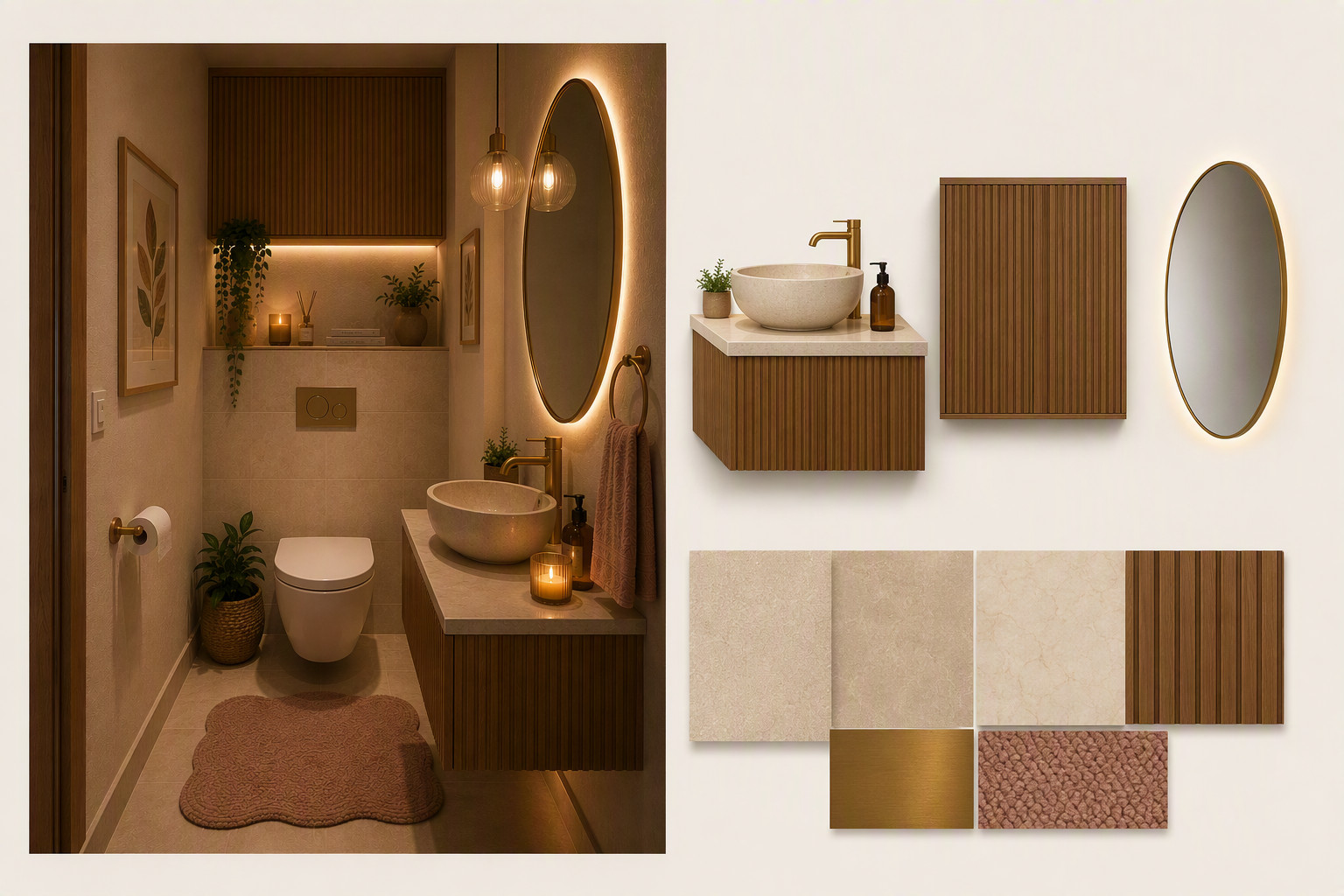 A modern bathroom interior with warm ambient lighting, featuring a wooden vanity with a white vessel sink, a round illuminated mirror with a gold frame, a — guest bathroom ideas reference 2