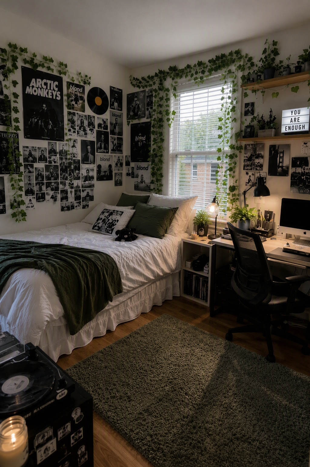 A cozy, stylish dorm room with a bed adorned with green pillows and a matching throw blanket, surrounded by walls decorated with black-and-white music — dorm room ideas reference 1