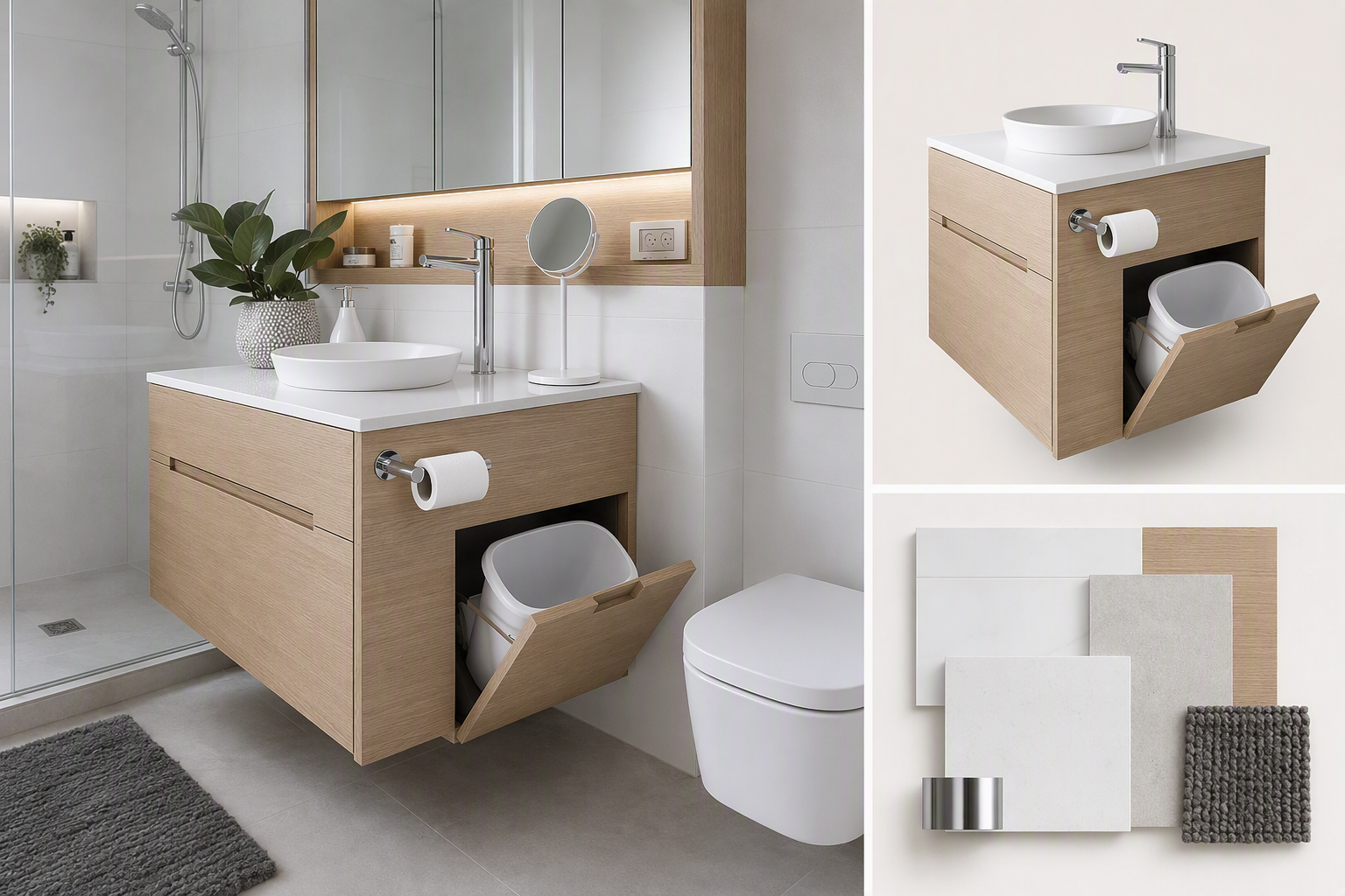 Modern minimalist bathroom interior featuring a floating wooden vanity with integrated hidden trash bin and toilet paper holder, white ceramic sink and — minimalist bathroom ideas reference 1