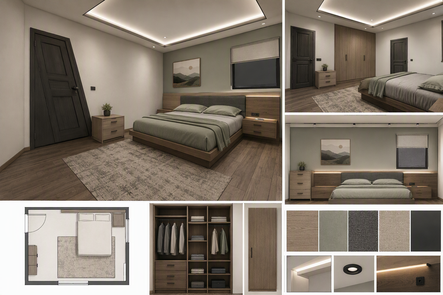 bedroom lighting ideas — bedrooms with visible ceiling, bedside, wall or floor lighting and clear light layering