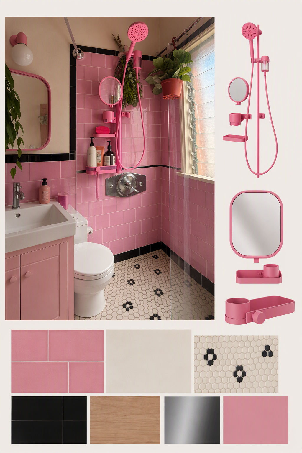 A high-quality, vibrant pink-themed bathroom with a modern and playful aesthetic, featuring pink tiled walls, black and white hexagonal floor tiles with — bathroom color ideas reference 2