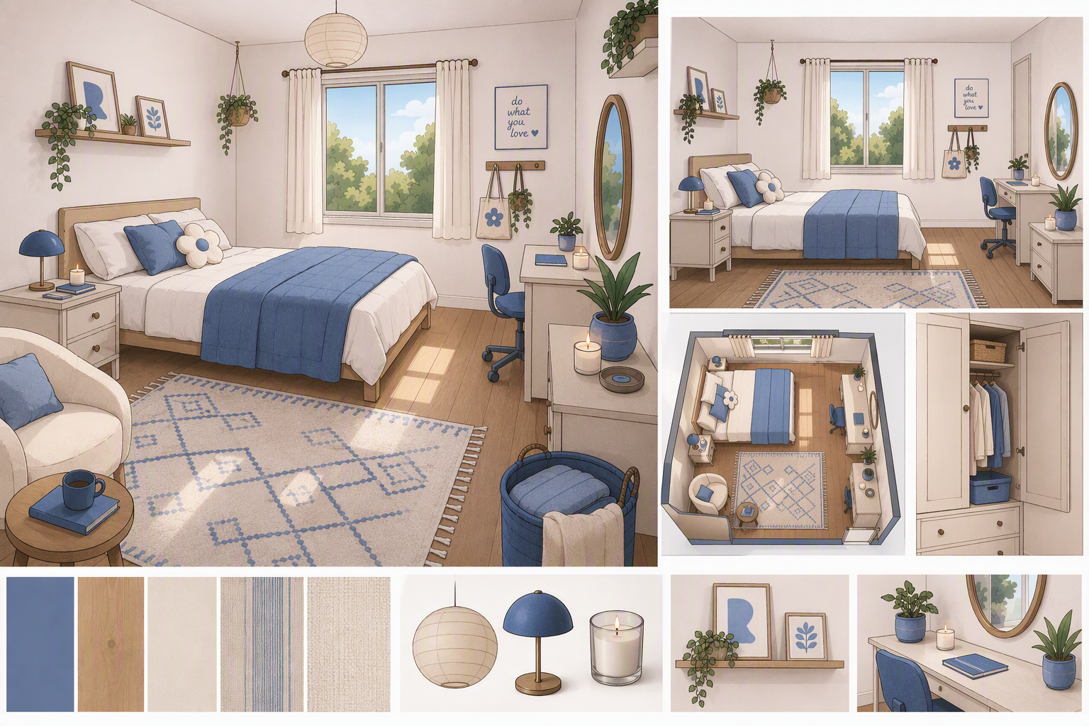 A high-quality, ultra-detailed bedroom interior design featuring a serene and modern aesthetic — bedroom layout ideas reference 4