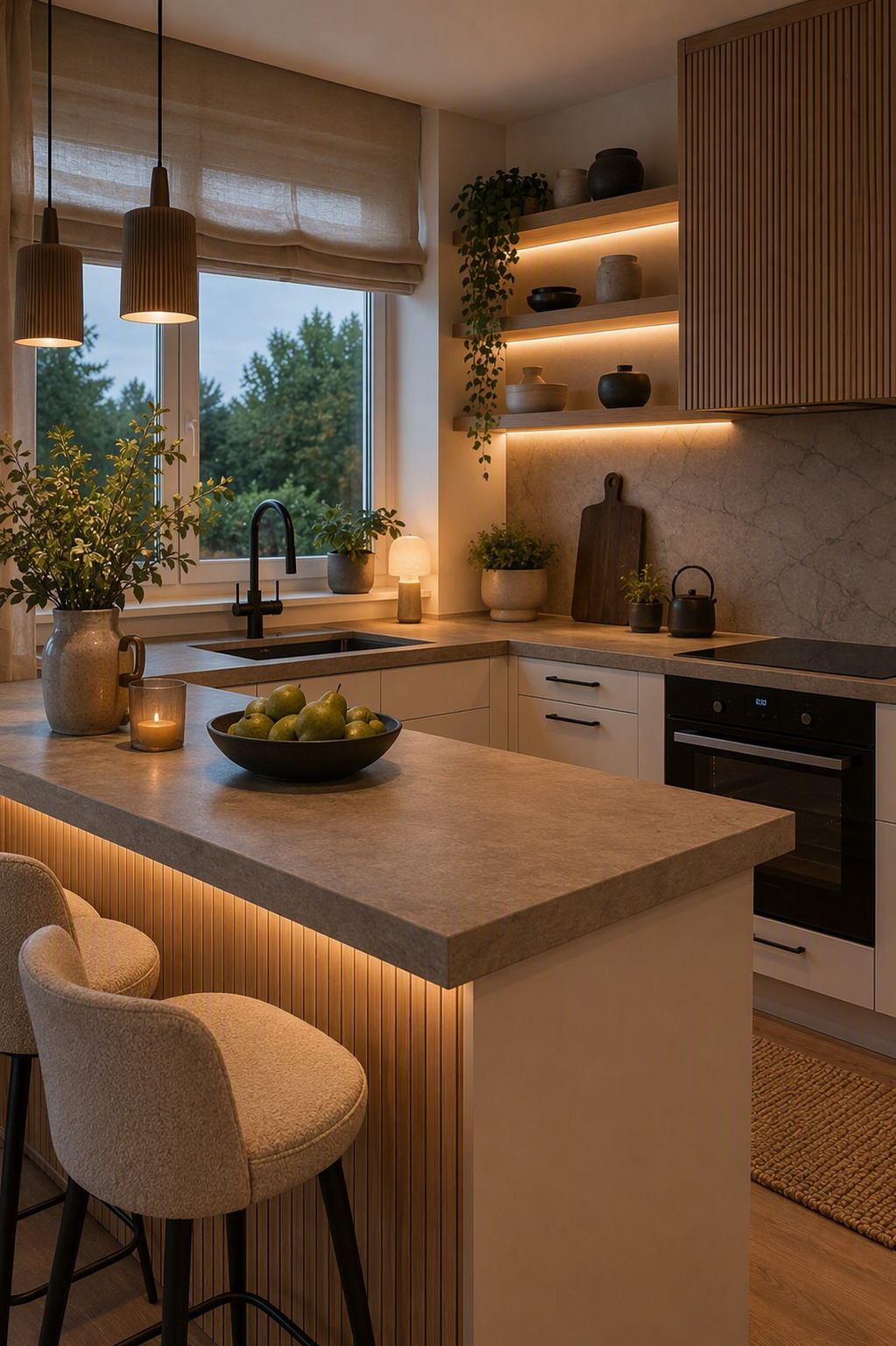 a modern, minimalist kitchen interior with warm ambient lighting, featuring a central island with integrated under-cabinet LED strip lighting, light wood — kitchen bar ideas reference 2