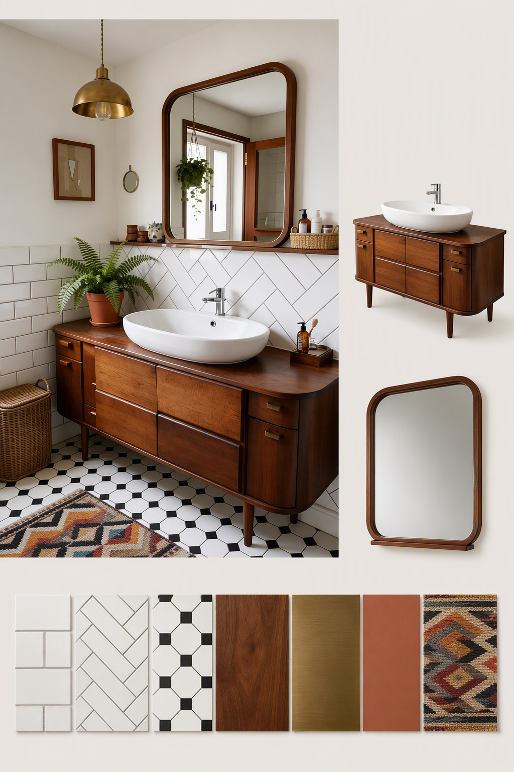 A high-quality mid-century modern bathroom featuring a rich walnut wood vanity with sleek drawers and tapered legs, topped with a white ceramic vessel sink — bathroom sink ideas reference 1