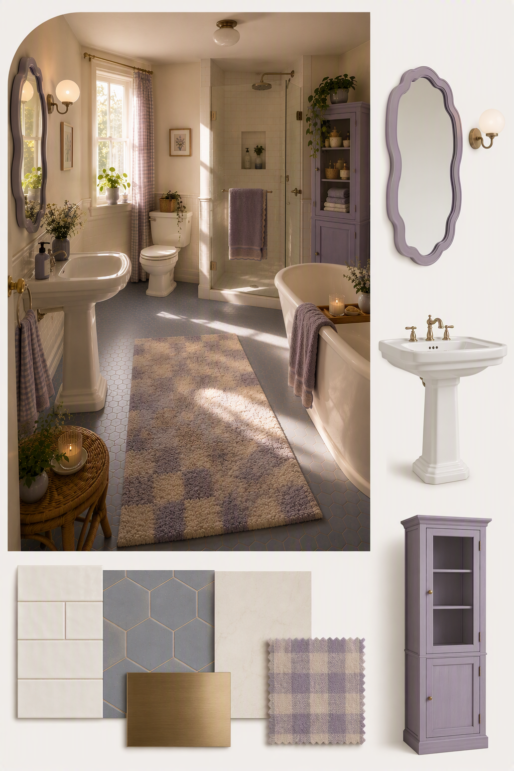 A high-quality, warm-toned bathroom interior with natural sunlight streaming through a window, featuring a clawfoot bathtub with a purple towel draped — bathroom sink ideas reference 3