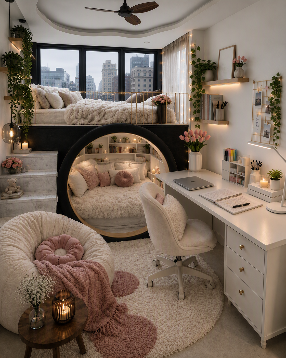 A cozy, modern loft bedroom with a mezzanine bed featuring a fluffy white blanket and pillows, overlooking a cityscape through large black-framed windows — loft bedroom ideas reference 2