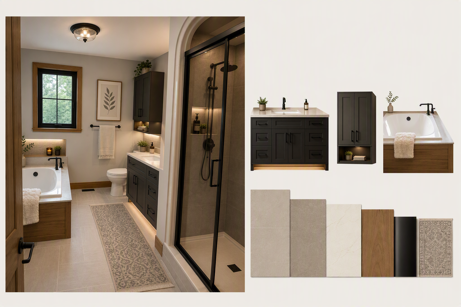 bathroom ceiling ideas — ceiling clearly visible with relationship to room height, shower/bath zone and lighting readable