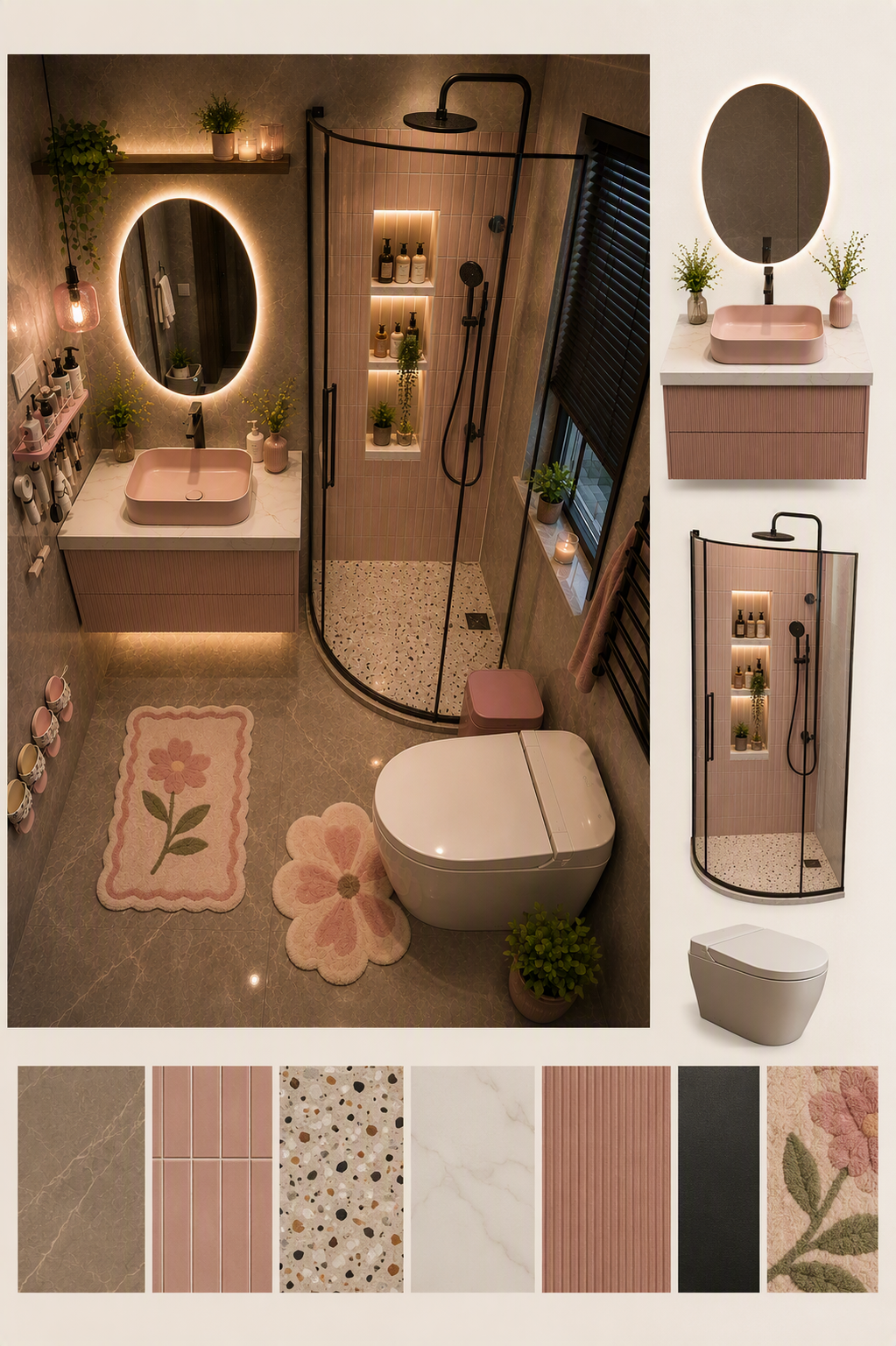 A modern, cozy bathroom with warm ambient lighting, featuring a round illuminated mirror above a pink sink, a curved glass shower enclosure with built-in — corner shower ideas reference 1