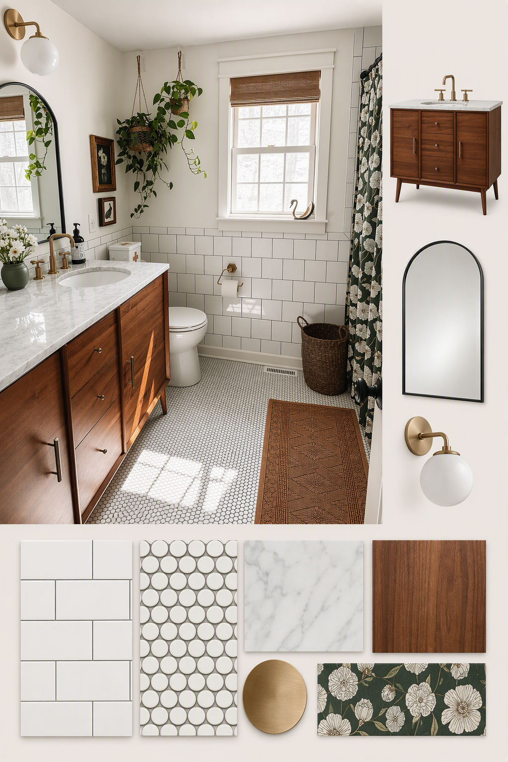 A high-quality, modern farmhouse bathroom with warm natural light streaming through a white-framed window with a woven bamboo blind — bathroom backsplash ideas reference 2