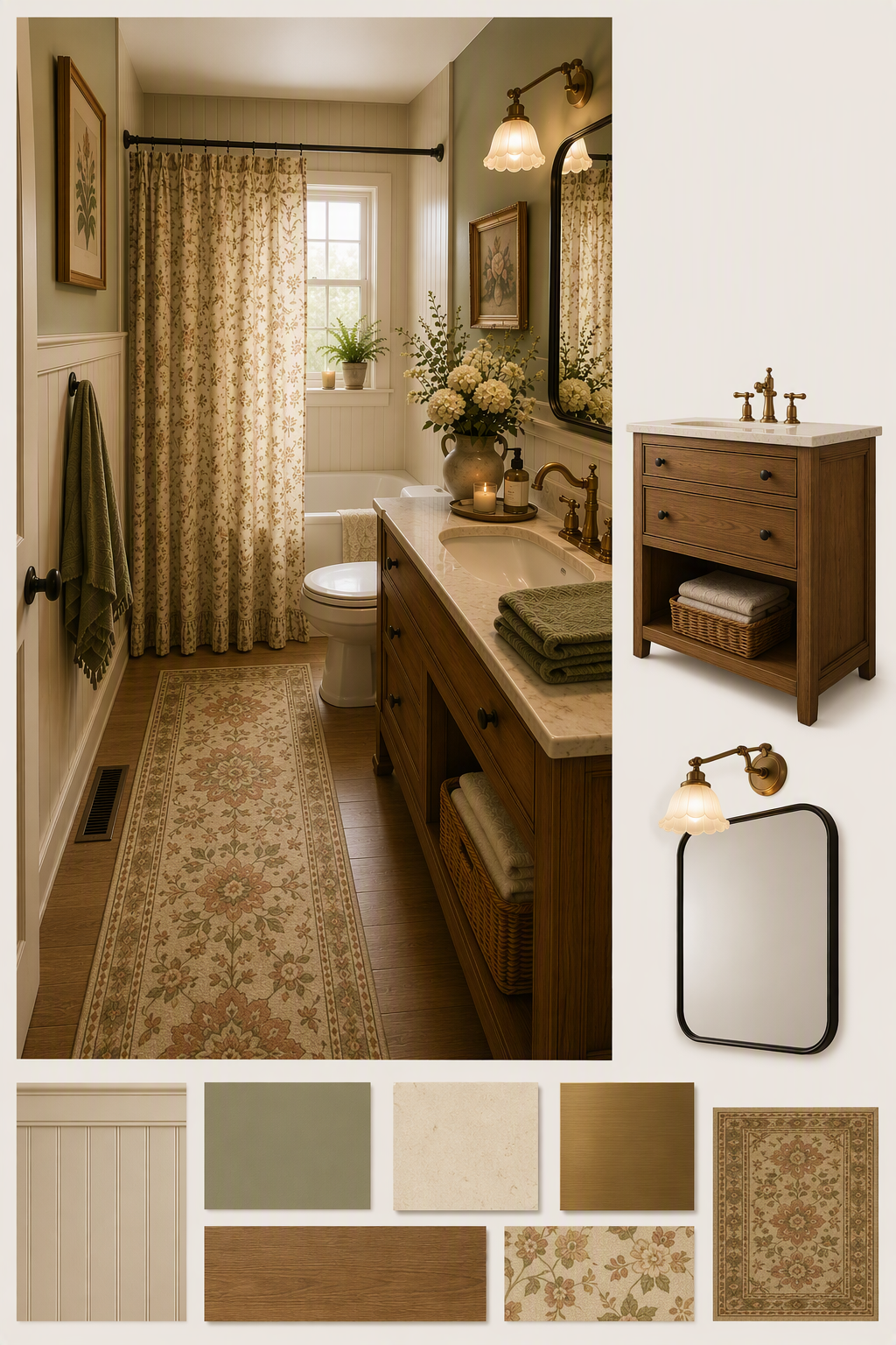 A high-quality, elegant bathroom interior with warm, soft lighting, featuring a wooden vanity with marble countertop and integrated sink, brass fixtures — farmhouse bathroom ideas reference 3