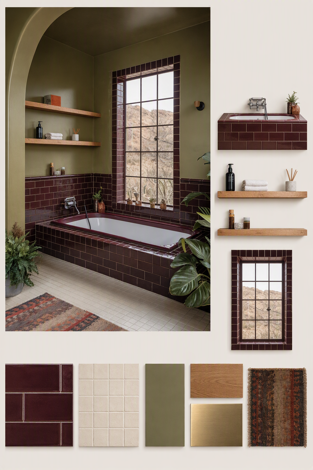 A high-quality, high-resolution photograph of a luxurious, modern bathroom with a large freestanding bathtub set beneath a large arched window framed in — bathtub ideas reference 2