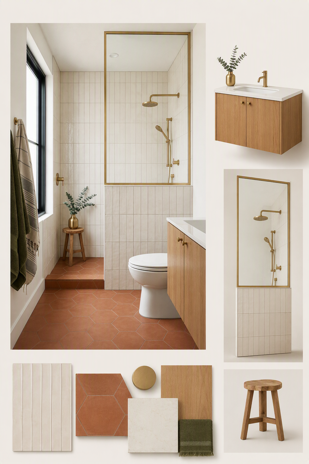A high-quality, modern bathroom interior featuring a minimalist aesthetic with warm wooden cabinetry, terracotta hexagonal floor tiles, and beige vertical — bathroom backsplash ideas reference 3