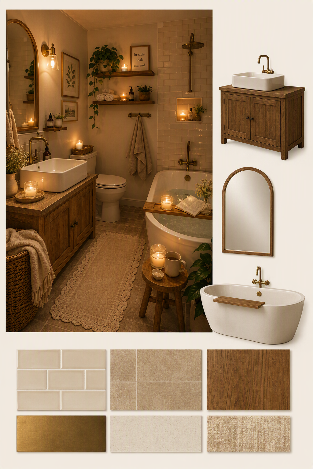 A warm and cozy bathroom interior with soft golden lighting, featuring a wooden vanity with a white sink, a freestanding bathtub with candles and a wooden — spa bathroom ideas reference 3