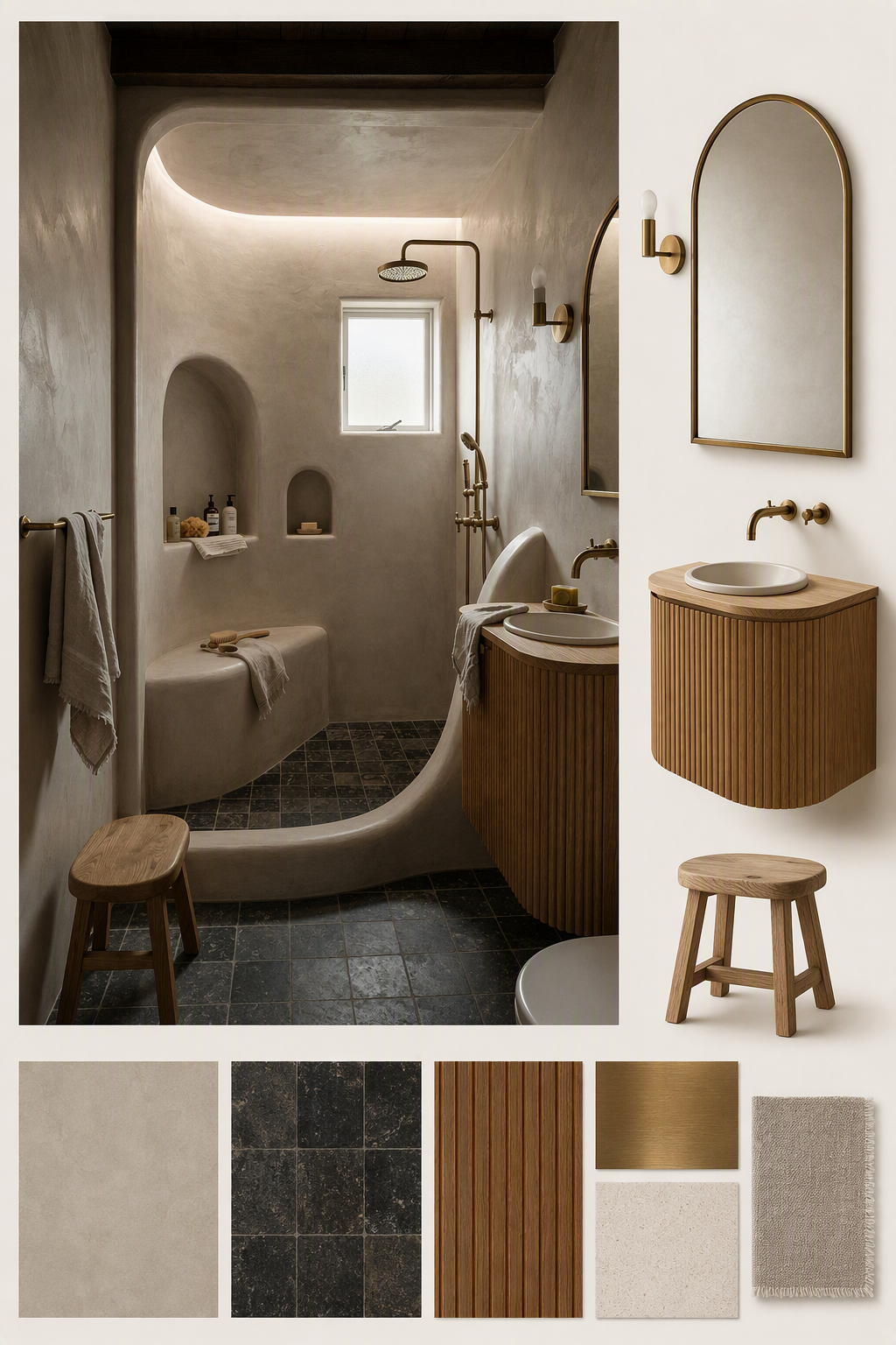A high-quality, minimalist modern bathroom with a serene, earthy aesthetic, featuring a curved, sunken bathtub integrated into the wall, a wooden vanity — spa bathroom ideas reference 4