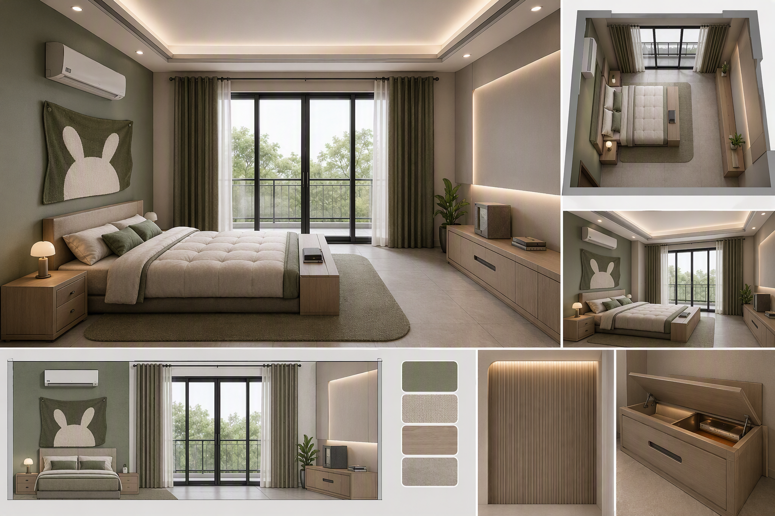 a modern minimalist bedroom with a large bed centered under a glass balcony door, featuring olive green walls, light wood furniture, and a white tufted — guest bedroom ideas reference 4
