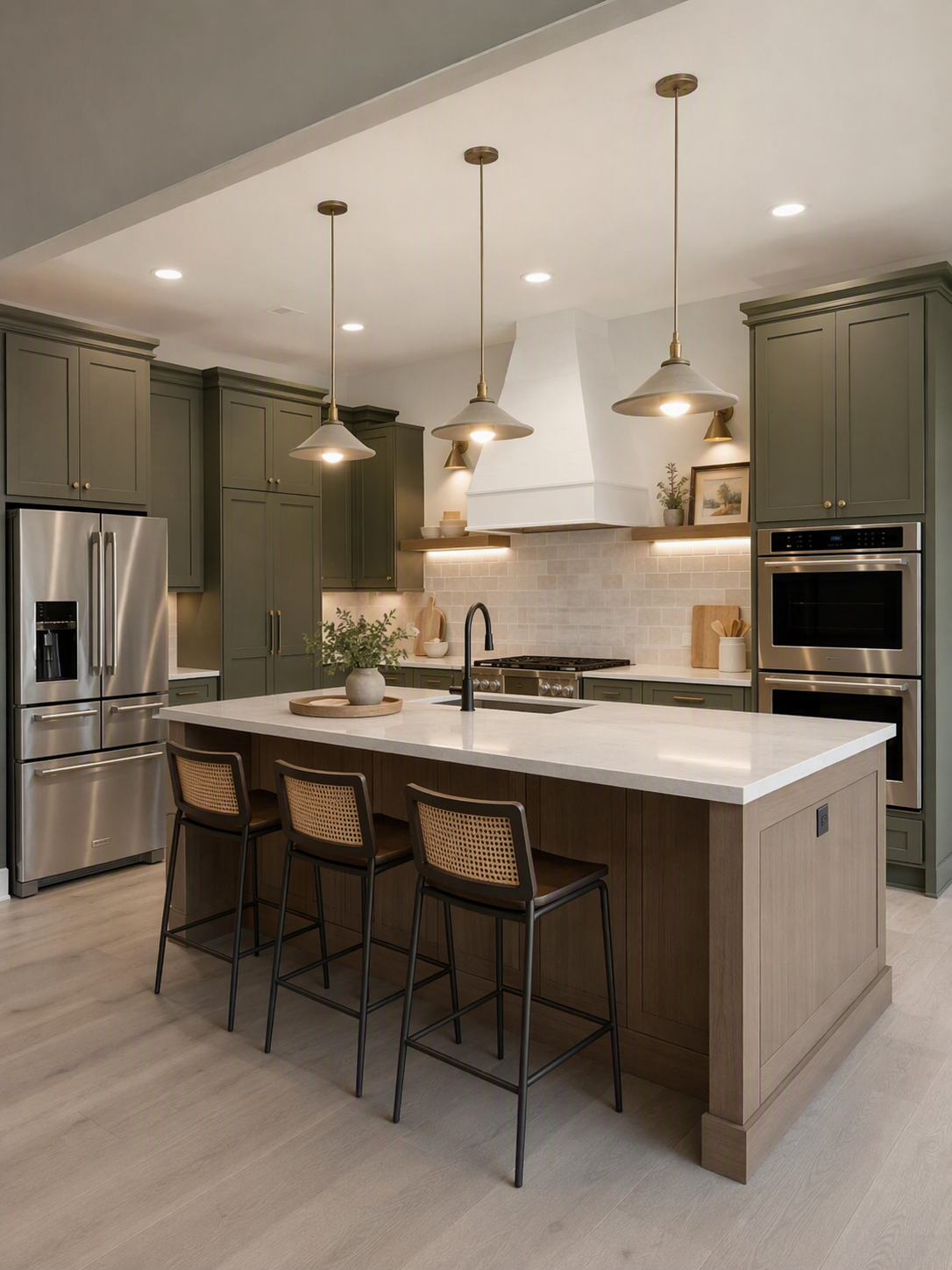 A modern, high-end kitchen with olive green cabinetry, a large central island with white quartz countertop, and woven cane bar stools — kitchen hood ideas reference 3