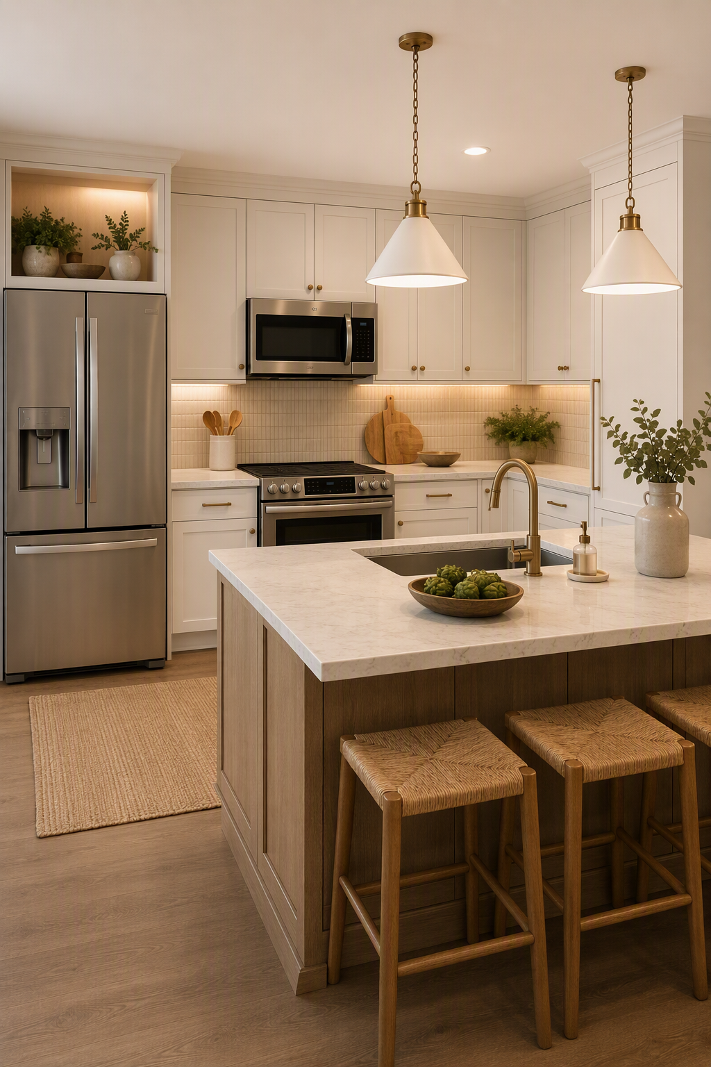 kitchen layout ideas — whole-kitchen views where cabinet runs, appliances, island and circulation are easy to read