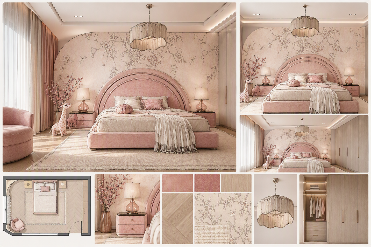 A high-quality, ultra-detailed bedroom scene featuring a large pink bed with a curved headboard, set against a soft pink floral wallpaper — toddler bedroom ideas reference 2