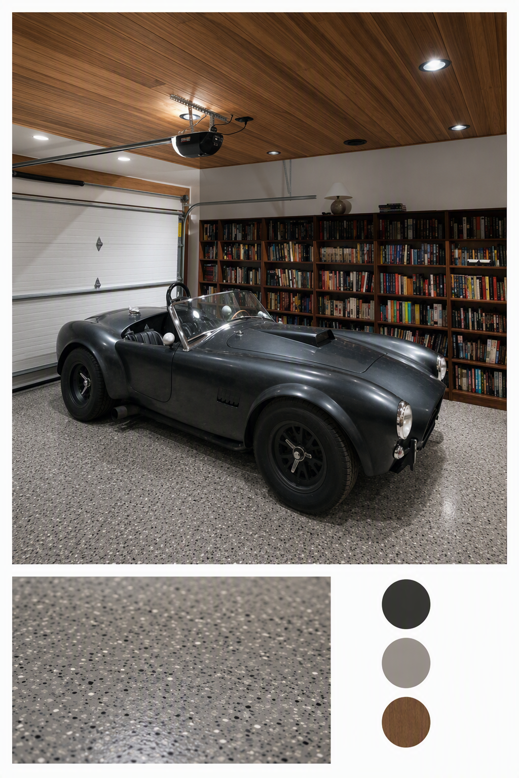 A high-quality, ultra-detailed image of a classic black convertible sports car parked inside a modern, minimalist garage with a wood-paneled ceiling — garage man cave ideas reference 2