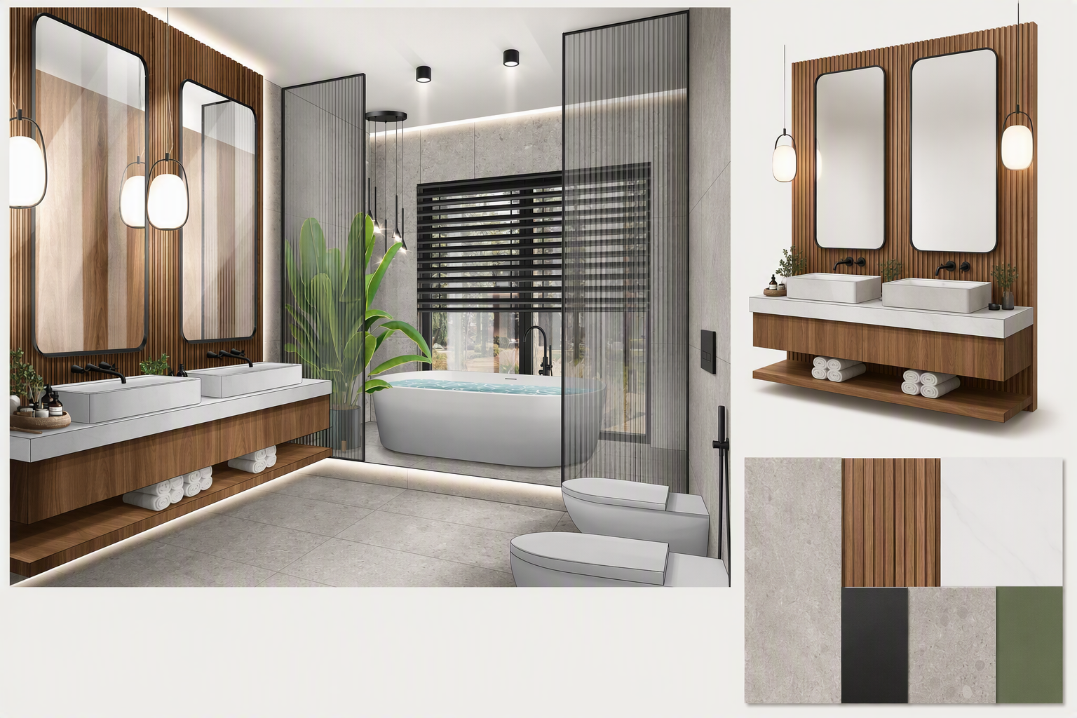 A modern, high-end bathroom interior featuring a sleek, minimalist design with warm wood paneling on the walls, a white freestanding bathtub with a large — jack and jill bathroom ideas reference 1
