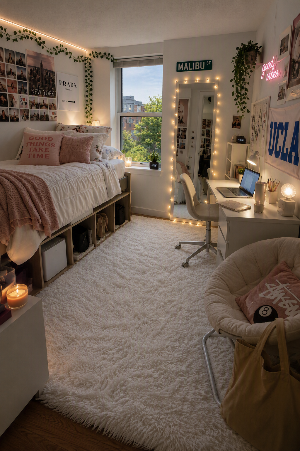 A cozy, well-lit dorm room with a raised bed featuring pink pillows and a "GOOD THINGS TAKE TIME" pillow, surrounded by string lights and greenery; a — dorm room ideas reference 2