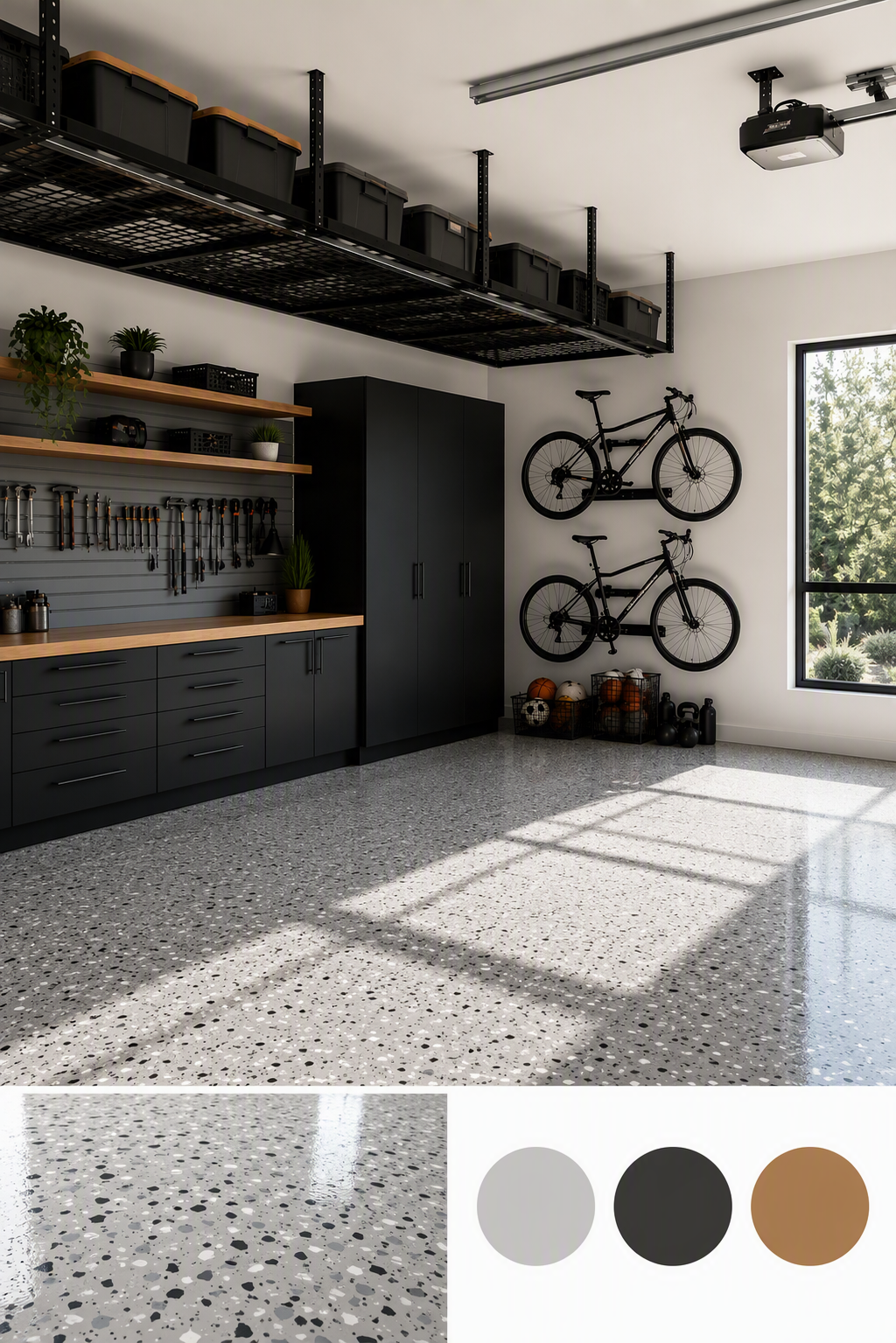 A high-quality, modern garage interior with a polished terrazzo floor featuring gray, black, and beige speckles — garage gym ideas reference 2
