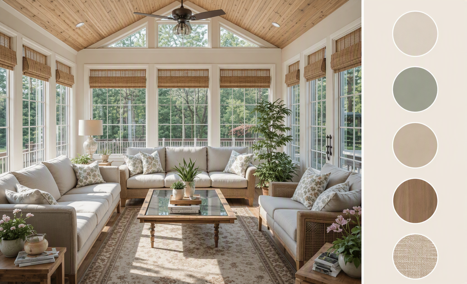 sunroom flooring ideas — sunroom floors shown across enough area to compare material look, tone, pattern and transition