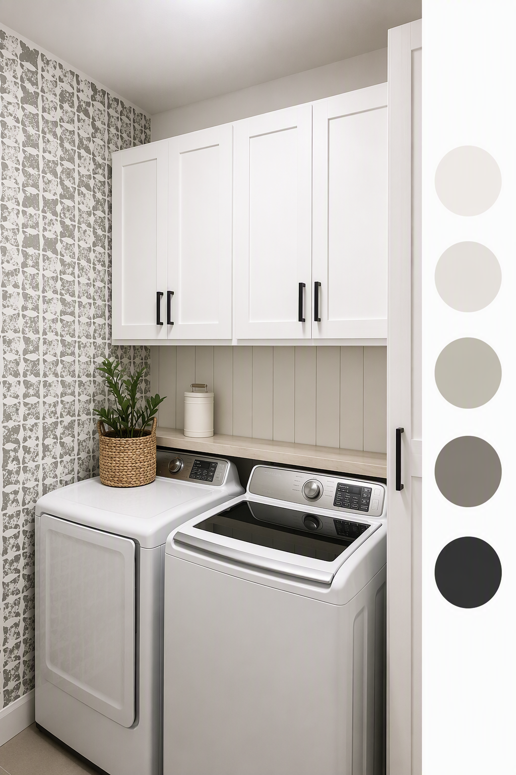 laundry room layout ideas — whole-room views where appliance positions, work surfaces and circulation are readable