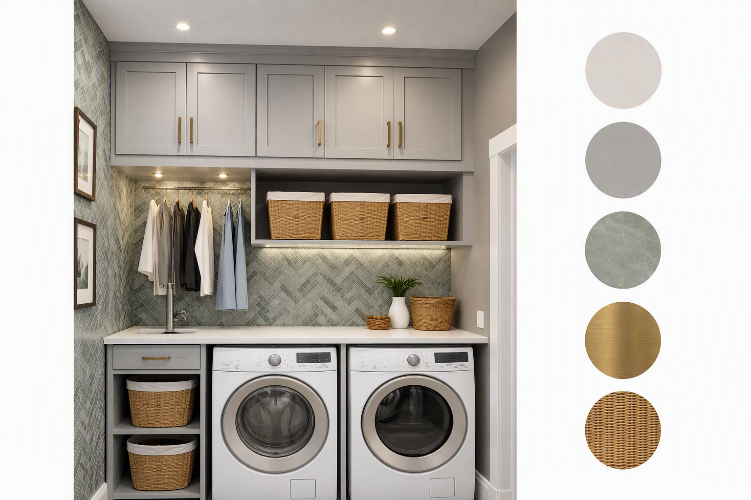 laundry room layout ideas — whole-room views where appliance positions, work surfaces and circulation are readable