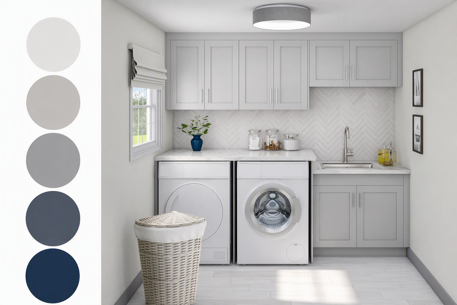laundry room layout ideas — whole-room views where appliance positions, work surfaces and circulation are readable