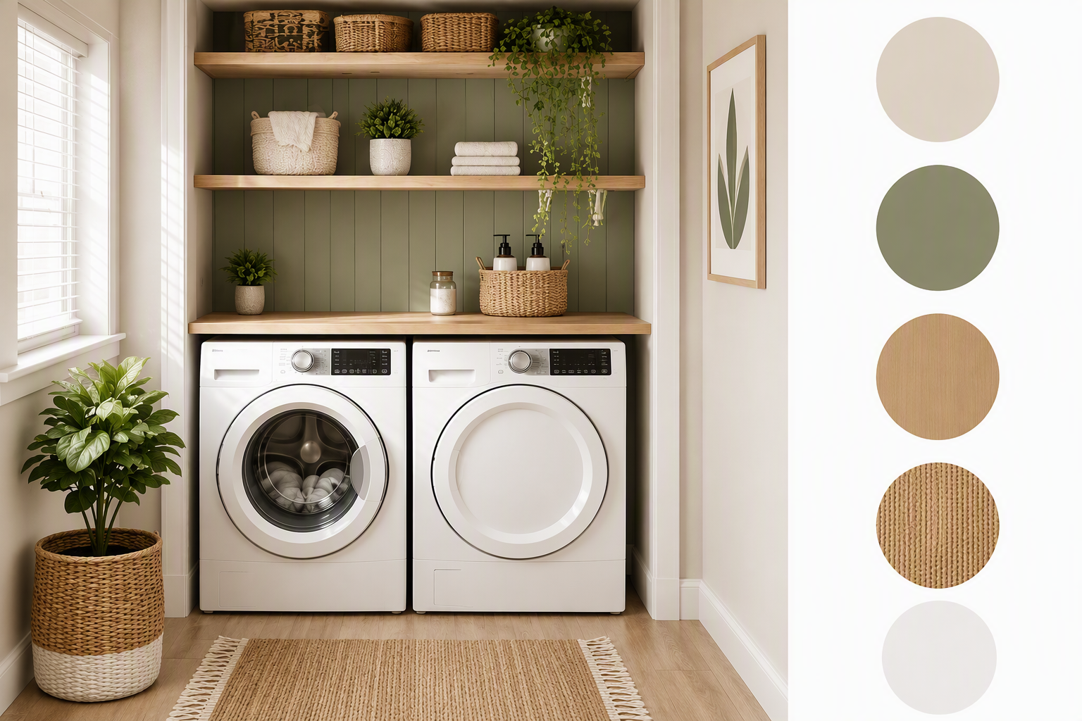 laundry room wall ideas — wall surfaces clearly visible behind or beside cabinetry and appliances