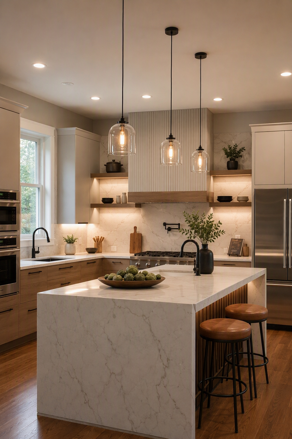 kitchen with a marble island and wood floor