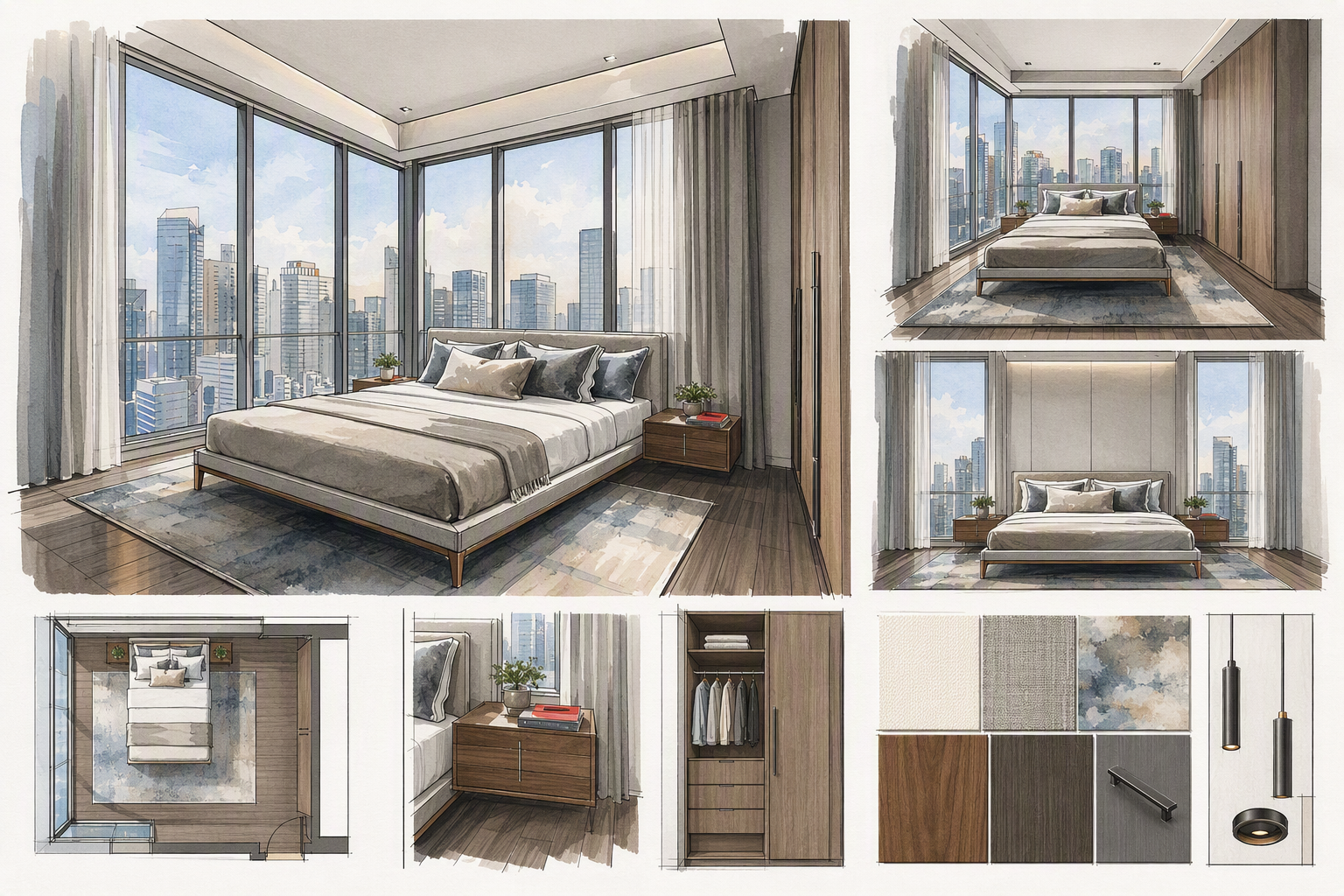 modern bedroom with a corner bed