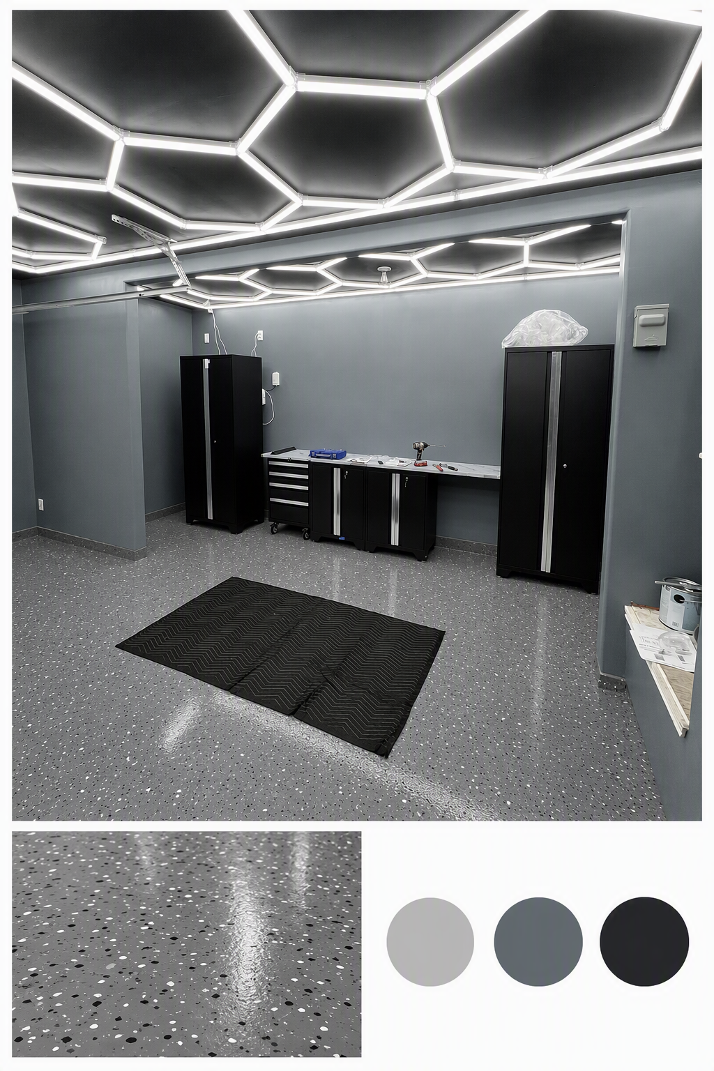 garage lighting ideas — garage interiors with clearly visible light placement over parking bays or work areas