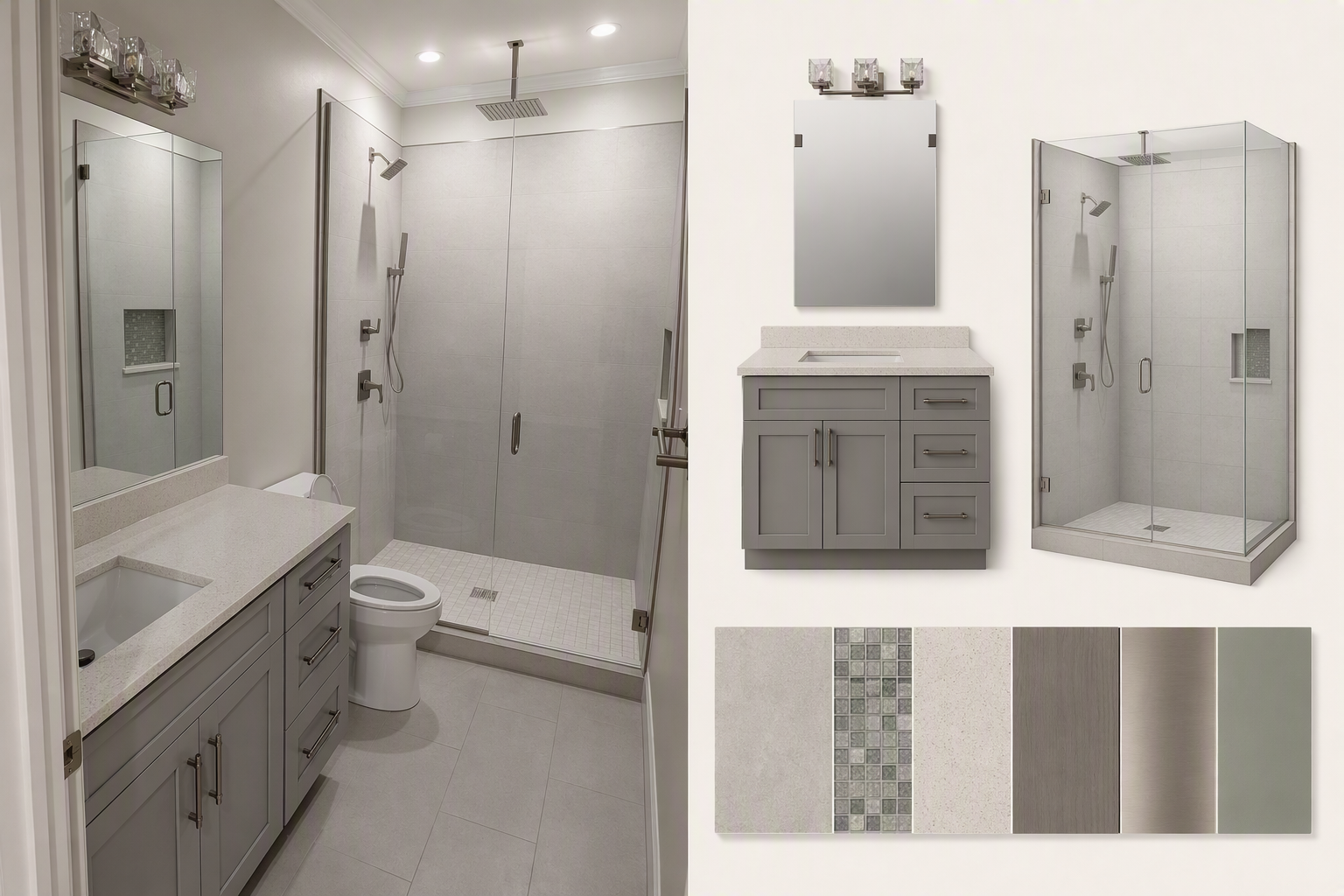 Modern minimalist bathroom interior with light gray cabinetry, white quartz countertop, integrated sink, and a wall-mounted mirror with three glass — corner shower ideas reference 2